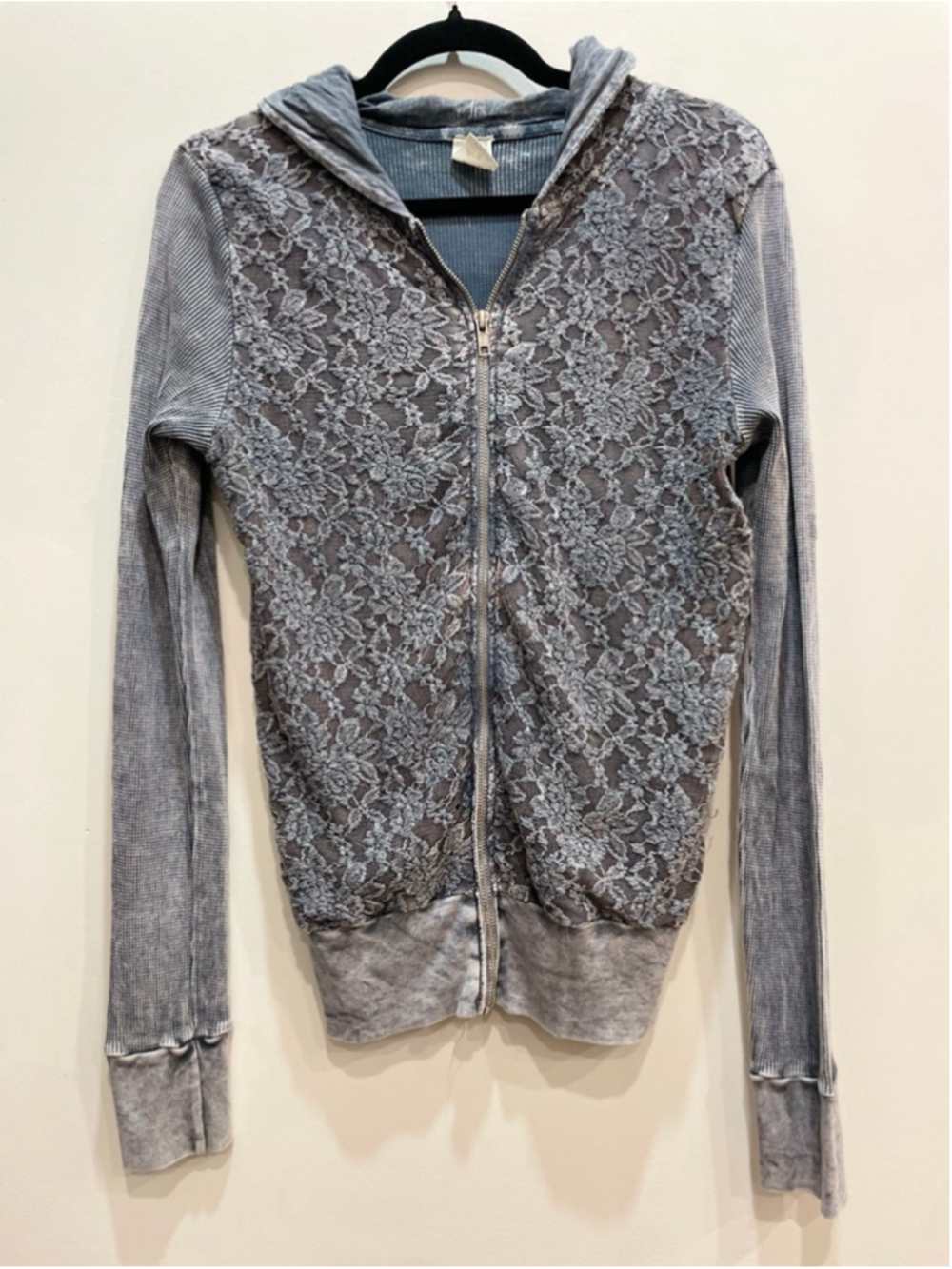 Y2K American Age USA Long Length Full Zip Hoodie M Lace Waffle Fairy Grunge